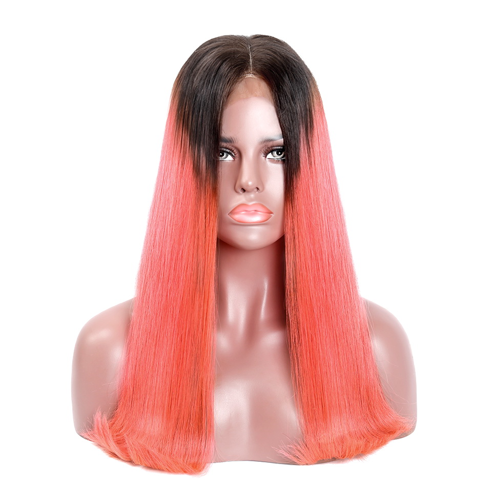 Stema Straight Machine lace closure wig Human Hair with Black Root Ombre Pink color (hair weave with closure)